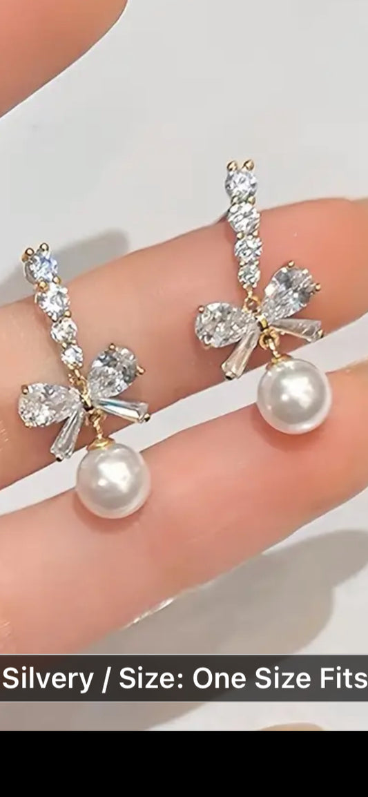 045 Elegant French-Inspired Bowknot & Faux Pearl Drop Earrings - Vintage Chic Design For Women, Perfect For Daily Wear Or Parties Earrings For Women Jewelry For Women