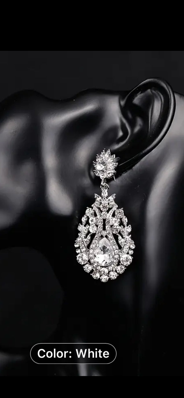 052 Elegant White Rhinestone Drop Earrings For Women - Luxurious Zinc Alloy With Stainless Steel Posts, Perfect For Weddings & Everyday Glamour