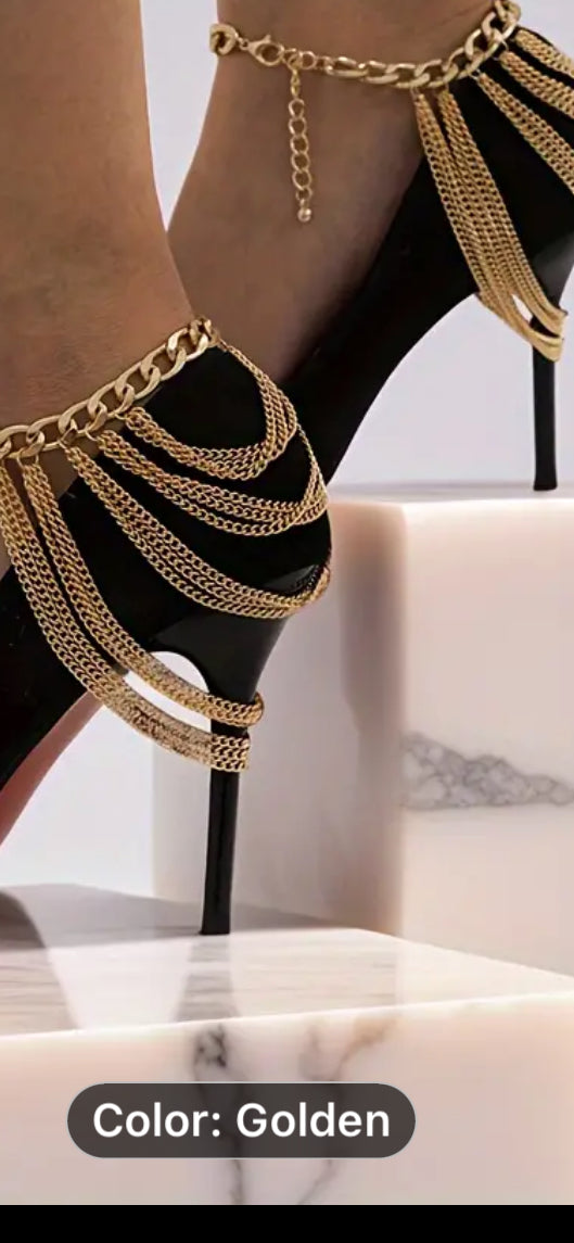 062 Multi-layer Stacking Tassel Foot Chain Geometric Chunky Chain Elegant Sexy Style Women's Golden Anklet For Banquet And Party Wearing