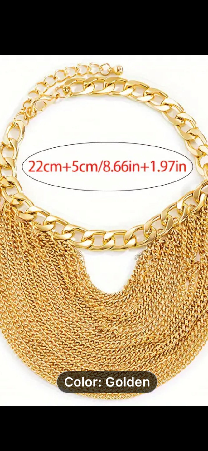 062 Multi-layer Stacking Tassel Foot Chain Geometric Chunky Chain Elegant Sexy Style Women's Golden Anklet For Banquet And Party Wearing