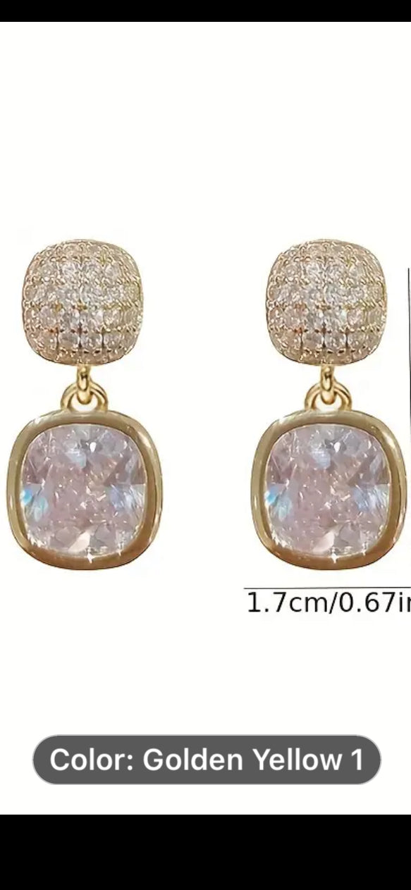 049 1 Pair Ladies' Bling Bling Elegant Style Rhinestone Square Drop Earrings, French Vintage Style, Perfect For Daily Wear And Banquets