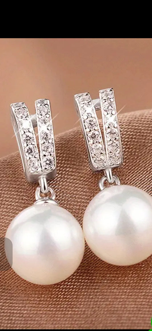 030 1 Pair Elegant Vintage Geometric Copper Earrings With Zircon Stone Inlaid & Faux Pearl Drops, Sophisticated Fashion Style, Women's Jewelry For Daily Wear, Parties, Holidays