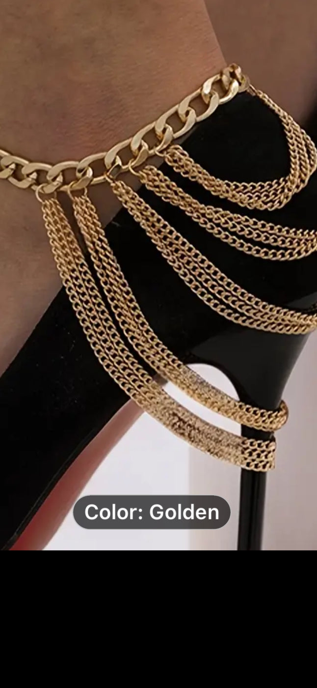 062 Multi-layer Stacking Tassel Foot Chain Geometric Chunky Chain Elegant Sexy Style Women's Golden Anklet For Banquet And Party Wearing