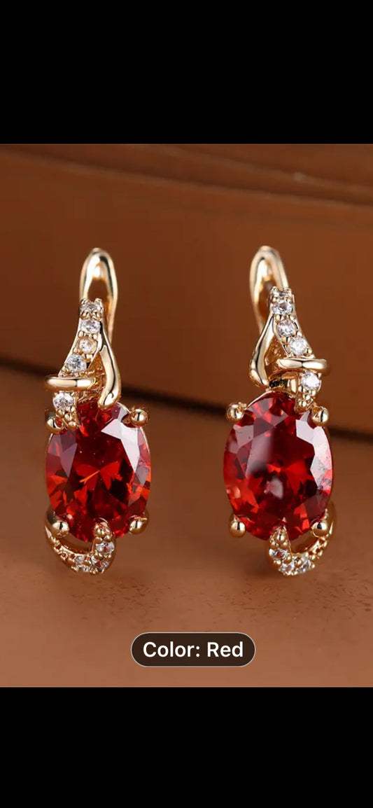 017 1pair Cool Golden Women's Oval Cut White Blue Red Pink Stone Drop Earrings Anniversary Claw Earrings Jewelry