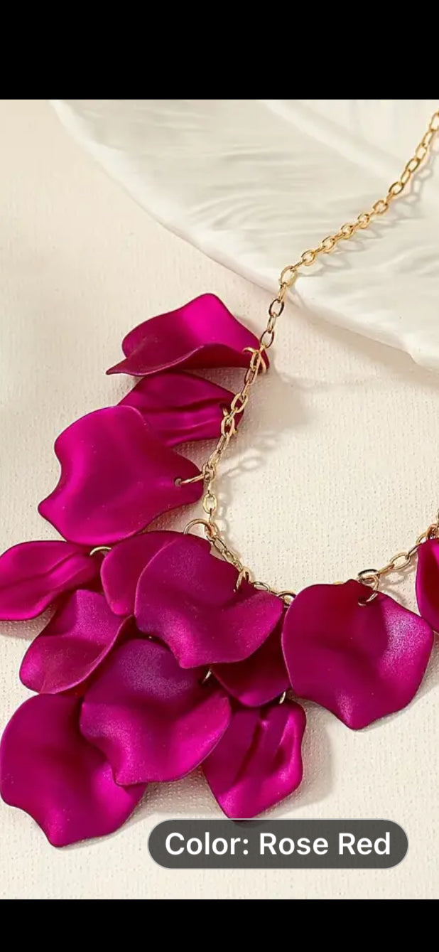 075 Chic Style Fuchsia Flower Pendant Necklace, Sexy Style, Elegant Golden Chain Floral Jewelry For Women