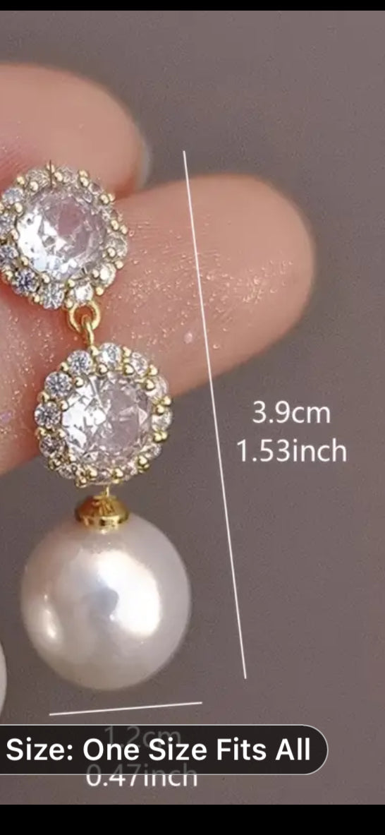 050 Elegant French Vintage-Inspired Luxury Glass Diamond & Faux Pearl Inlaid Dangle Earrings For Women - Perfect For Weddings, Banquets, Parties | Zinc Alloy With 925 Silvery Posts | Non-Feathered | All-Season Wear | 1 Pair