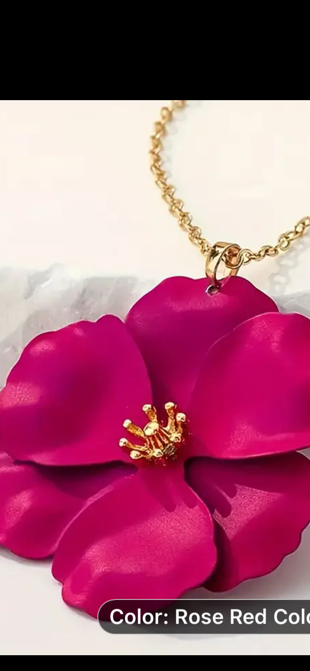 075 Chic Style Fuchsia Flower Pendant Necklace, Sexy Style, Elegant Golden Chain Floral Jewelry For Women