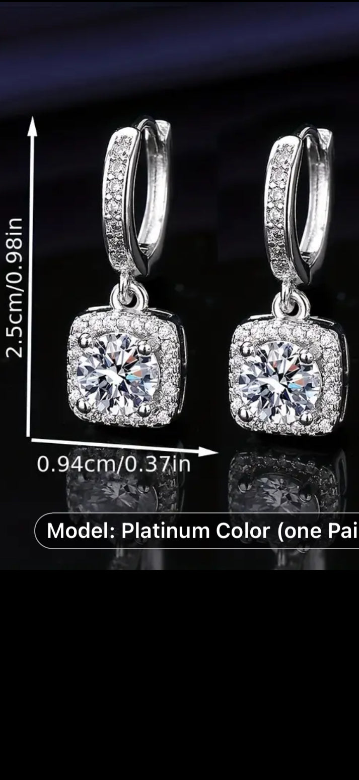 054 Elegant Vintage-Inspired Square Zircon Drop Earrings For Women - Copper With Sparkling Cubic Zirconia, Perfect For Everyday Wear