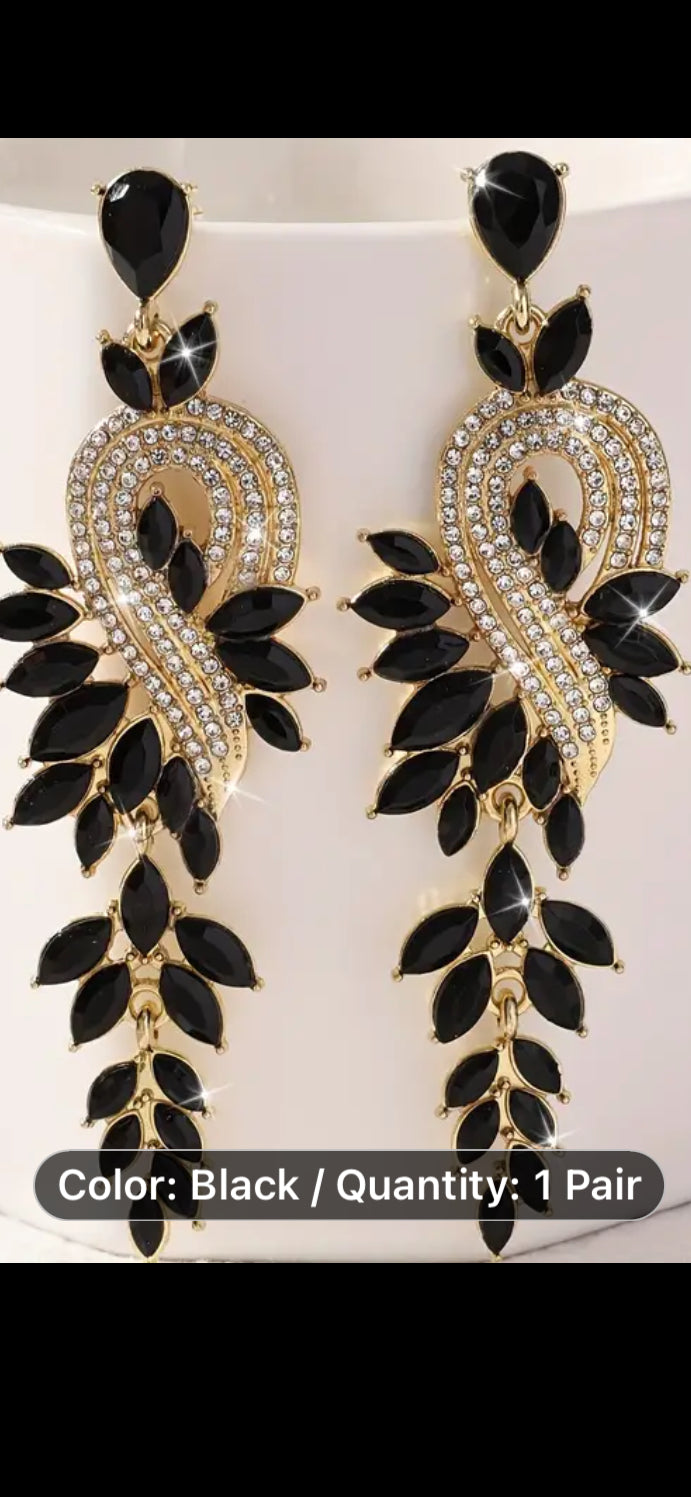 063 2pcs Geometric Rhinestones Decor Long Leaf Dangle Earrings