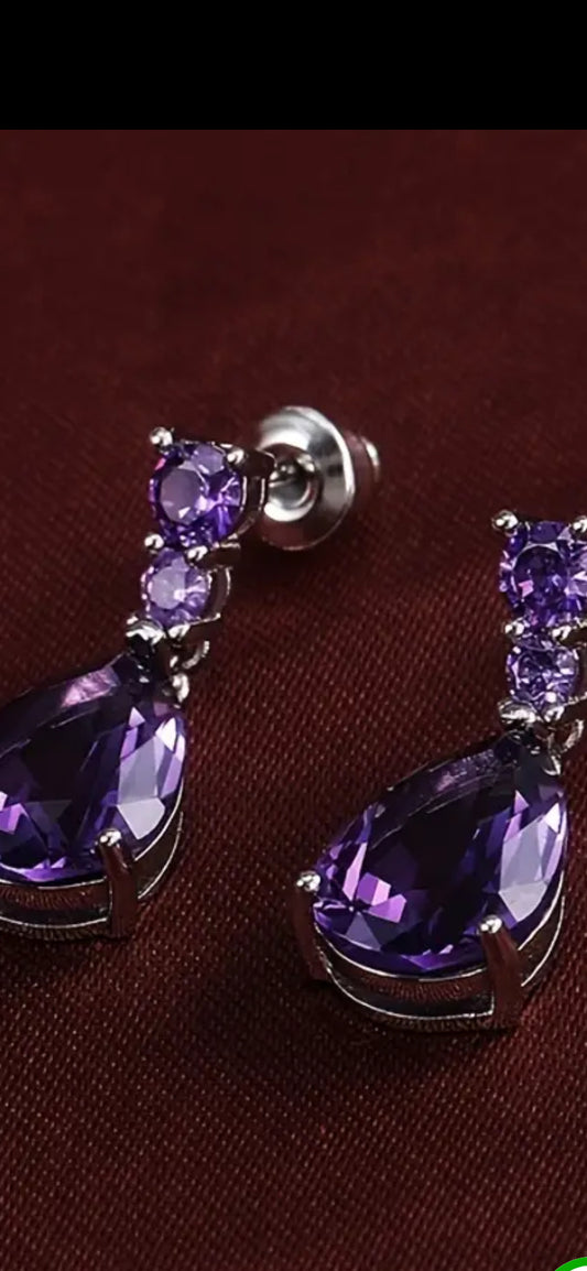 016 Purple Droplet Shape Synthetic Gems Decor Dangle Earrings Elegant Simple Style Silver Plated Jewelry Trendy Female Gift