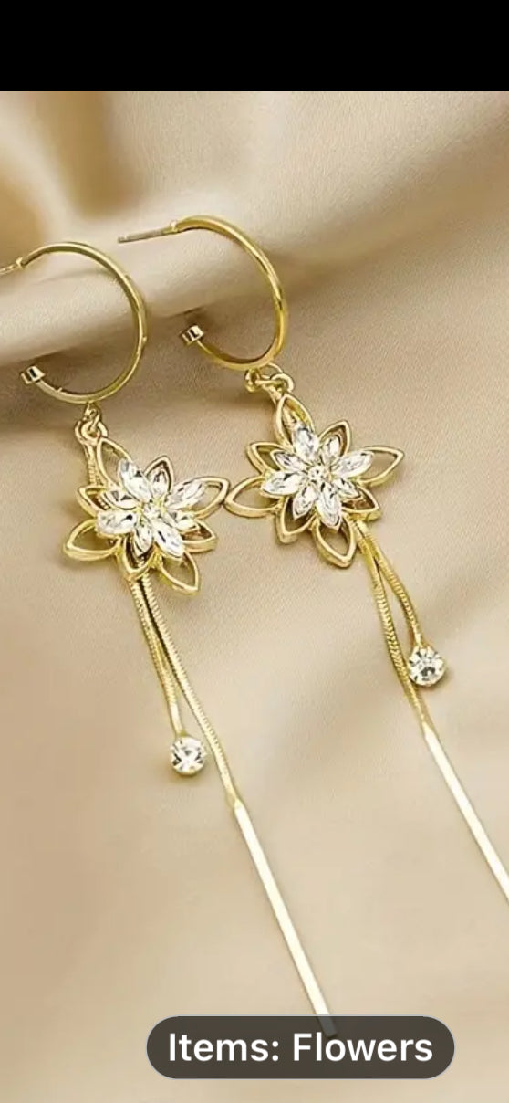 041 Exquisite Cubic Zirconia Flower Decor Tassel Drop Earrings For Girls For Daily Decoration, Hypoallergenic Earrings With S925 Silver Needle, Ideal choice for Gifts