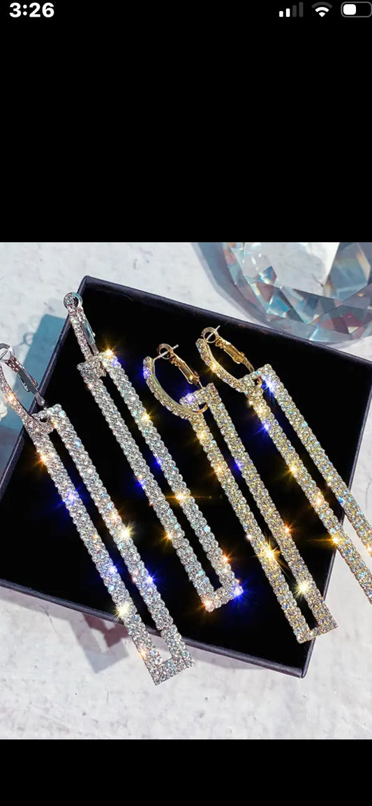 008 Luxury Full Rhinestones Claw Chain Rectangular Shape Drop Earrings For Women Dating Jewelry Gift