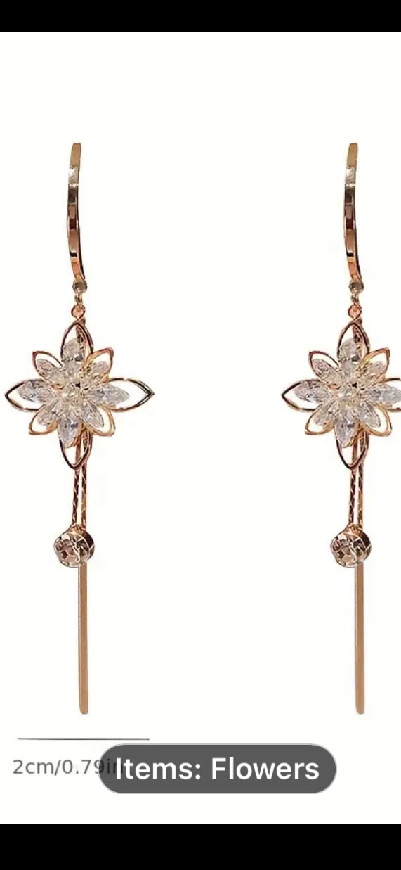 041 Exquisite Cubic Zirconia Flower Decor Tassel Drop Earrings For Girls For Daily Decoration, Hypoallergenic Earrings With S925 Silver Needle, Ideal choice for Gifts