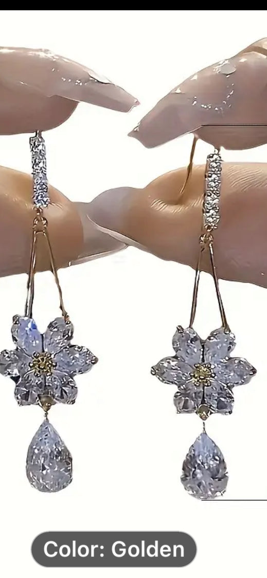 047 Exquisite Flower Droplet Shape Full Shiny Rhinestone Inlaid Dangle Earrings Elegant Luxury Style Banquet Earrings