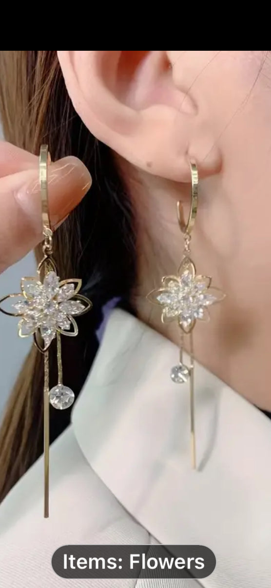 041 Exquisite Cubic Zirconia Flower Decor Tassel Drop Earrings For Girls For Daily Decoration, Hypoallergenic Earrings With S925 Silver Needle, Ideal choice for Gifts