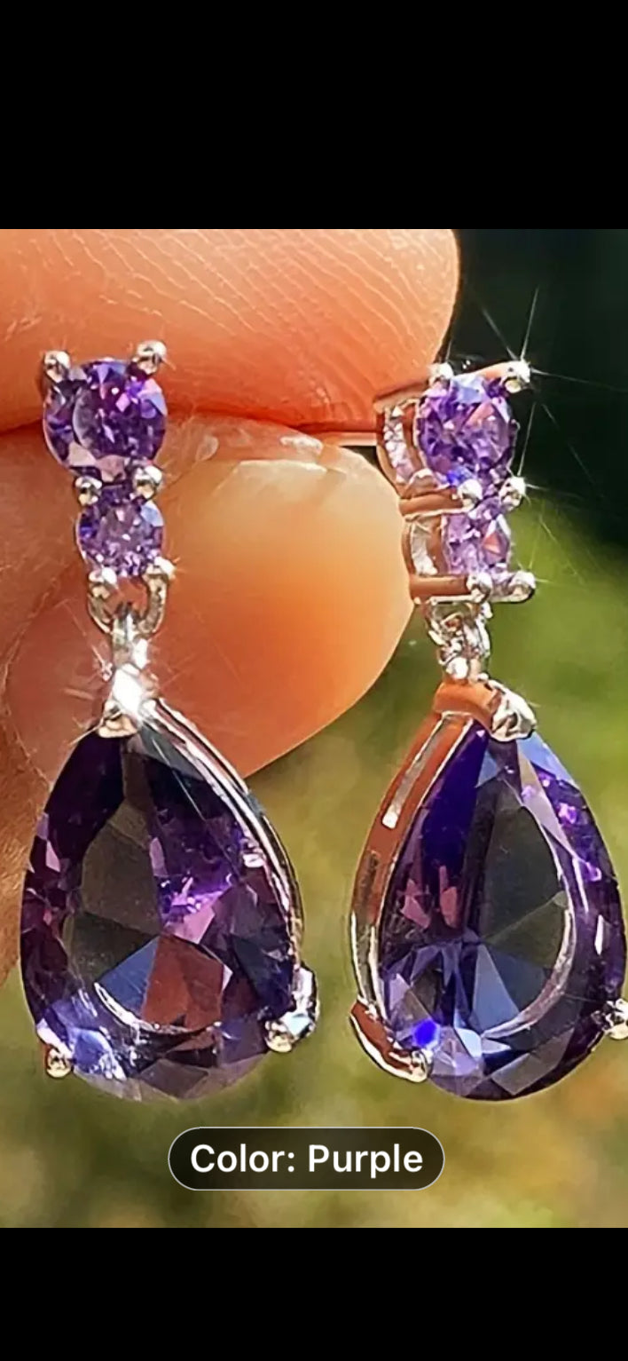 016 Purple Droplet Shape Synthetic Gems Decor Dangle Earrings Elegant Simple Style Silver Plated Jewelry Trendy Female Gift