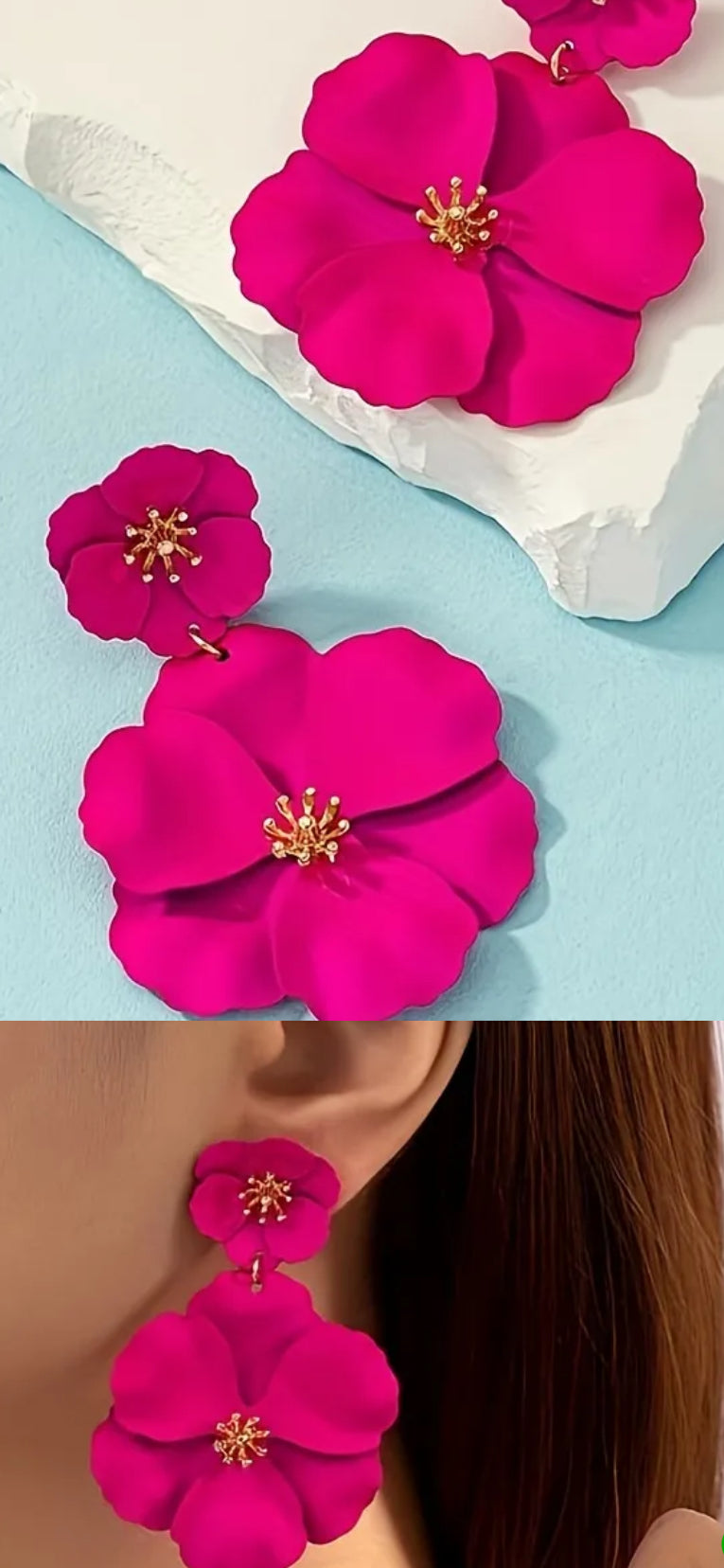 076 Pair Of Rose Red Fashion Flower Drop Earrings, Beautiful Novel Style Exaggerate Banquet Party Travel Wear Women Ear Jewelry