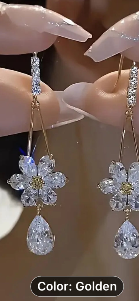 047 Exquisite Flower Droplet Shape Full Shiny Rhinestone Inlaid Dangle Earrings Elegant Luxury Style Banquet Earrings