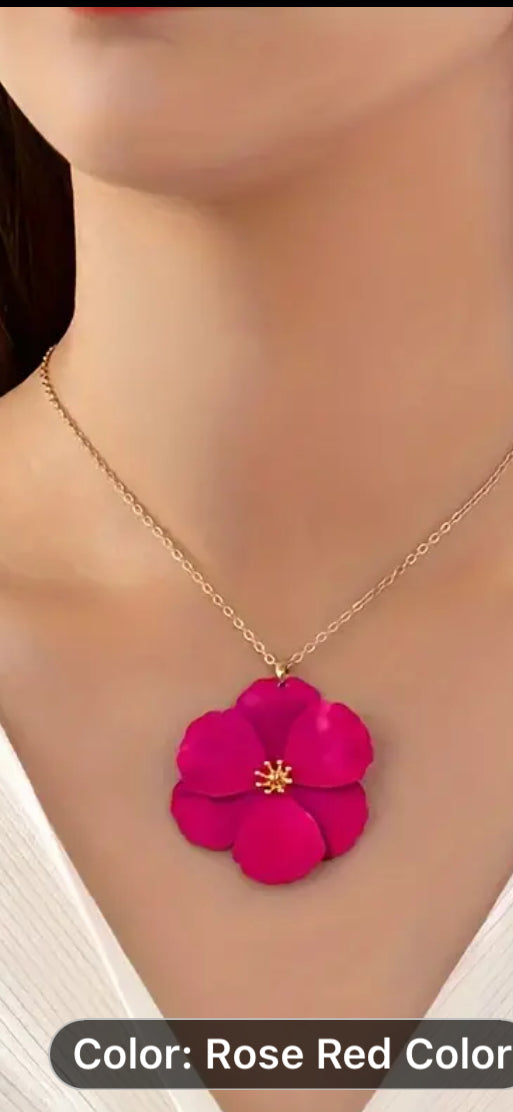 075 Chic Style Fuchsia Flower Pendant Necklace, Sexy Style, Elegant Golden Chain Floral Jewelry For Women