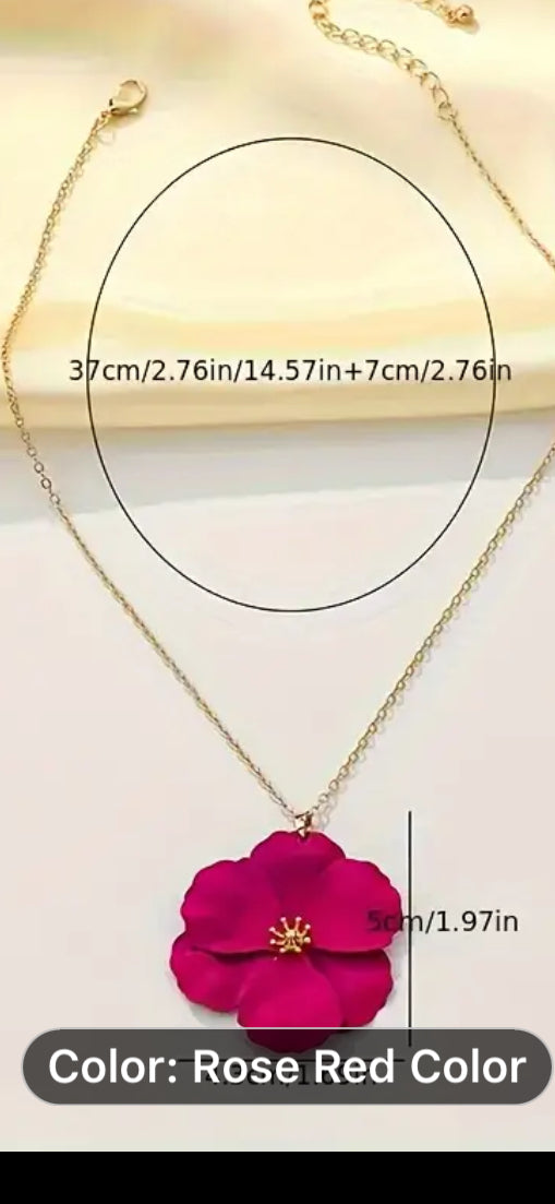 075 Chic Style Fuchsia Flower Pendant Necklace, Sexy Style, Elegant Golden Chain Floral Jewelry For Women