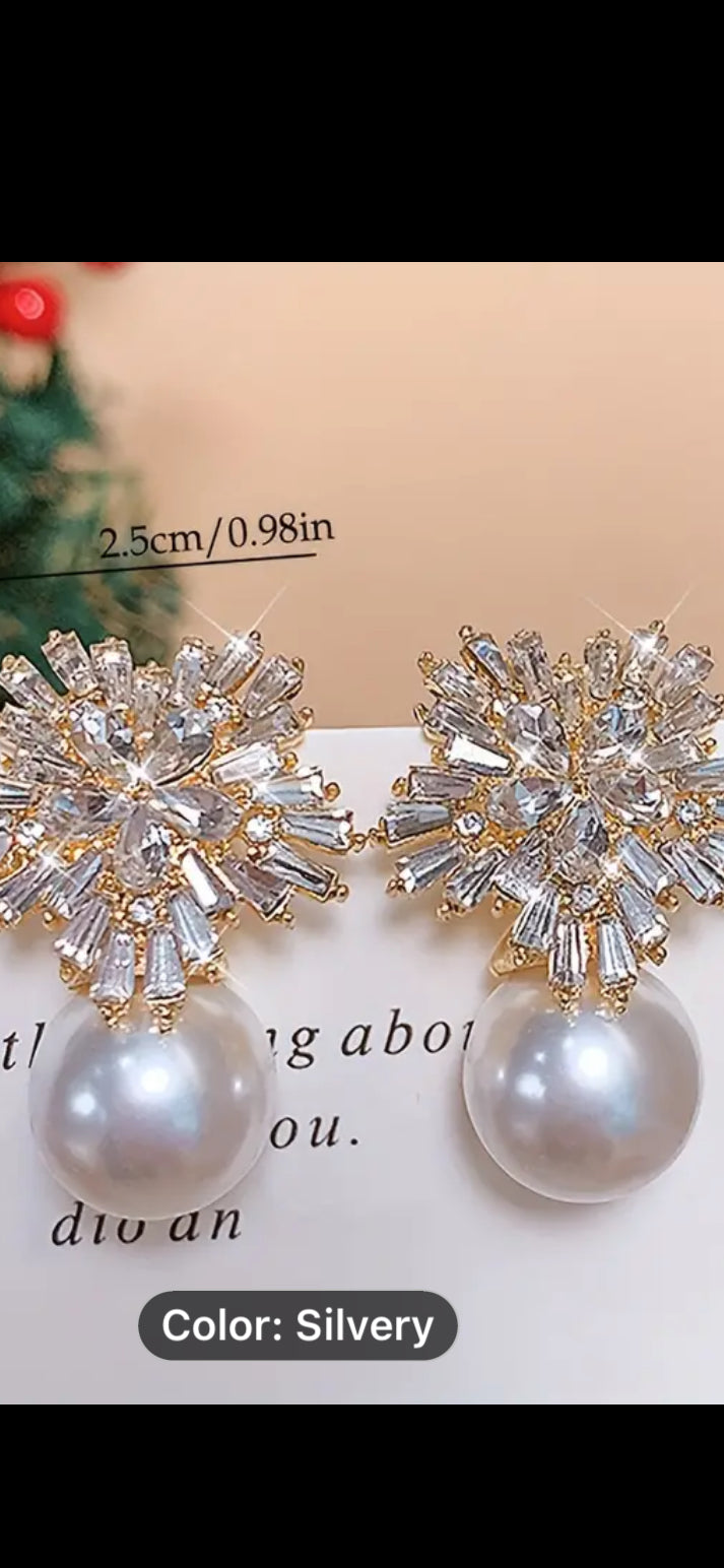 009 1 Pair Faux Pearl Rhinestone Decor Snowflake Cluster Earrings, Summer Sparkling Beach Vacation Style Drop Earrings With Silver Needles Ear Jewelry Accessories