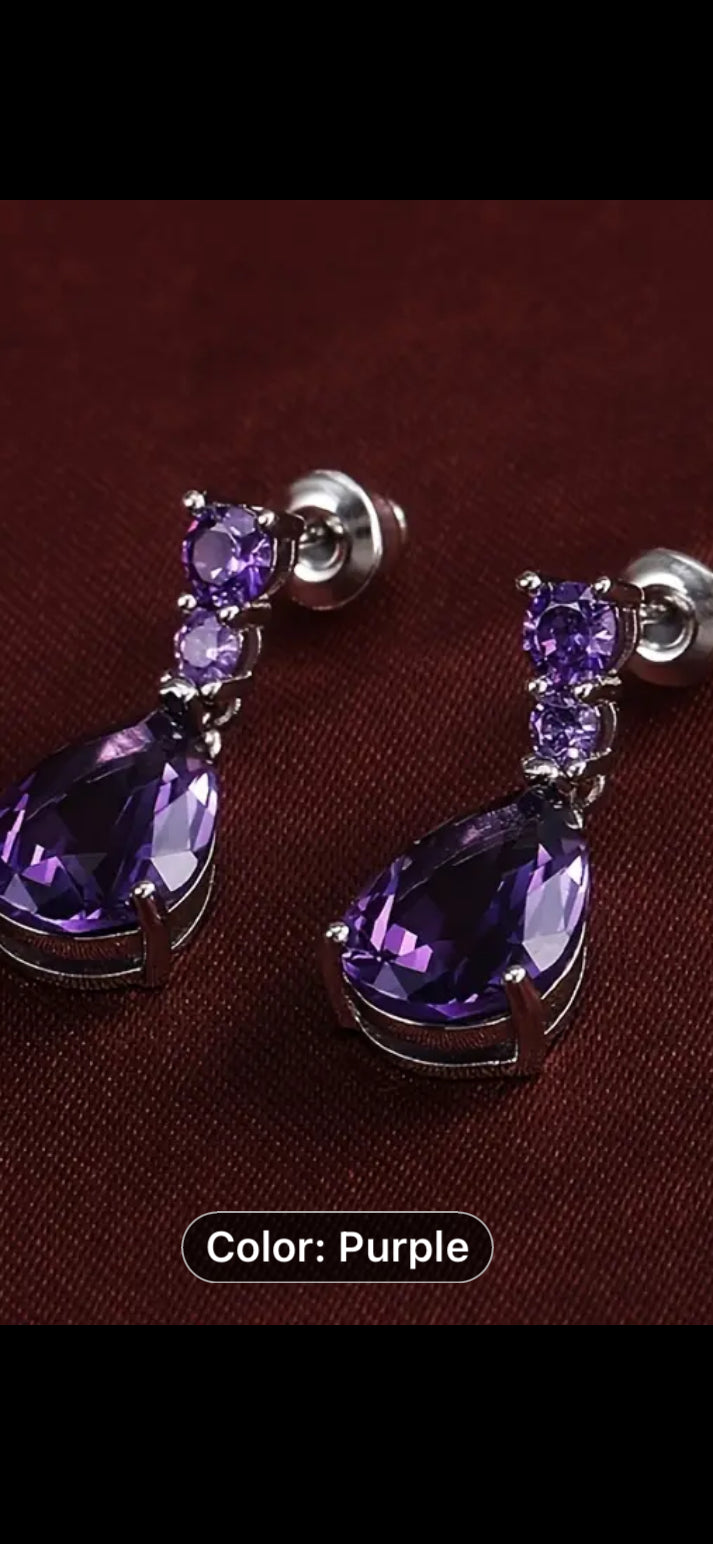 016 Purple Droplet Shape Synthetic Gems Decor Dangle Earrings Elegant Simple Style Silver Plated Jewelry Trendy Female Gift