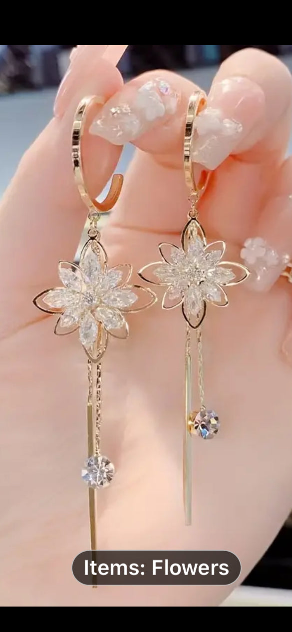 041 Exquisite Cubic Zirconia Flower Decor Tassel Drop Earrings For Girls For Daily Decoration, Hypoallergenic Earrings With S925 Silver Needle, Ideal choice for Gifts